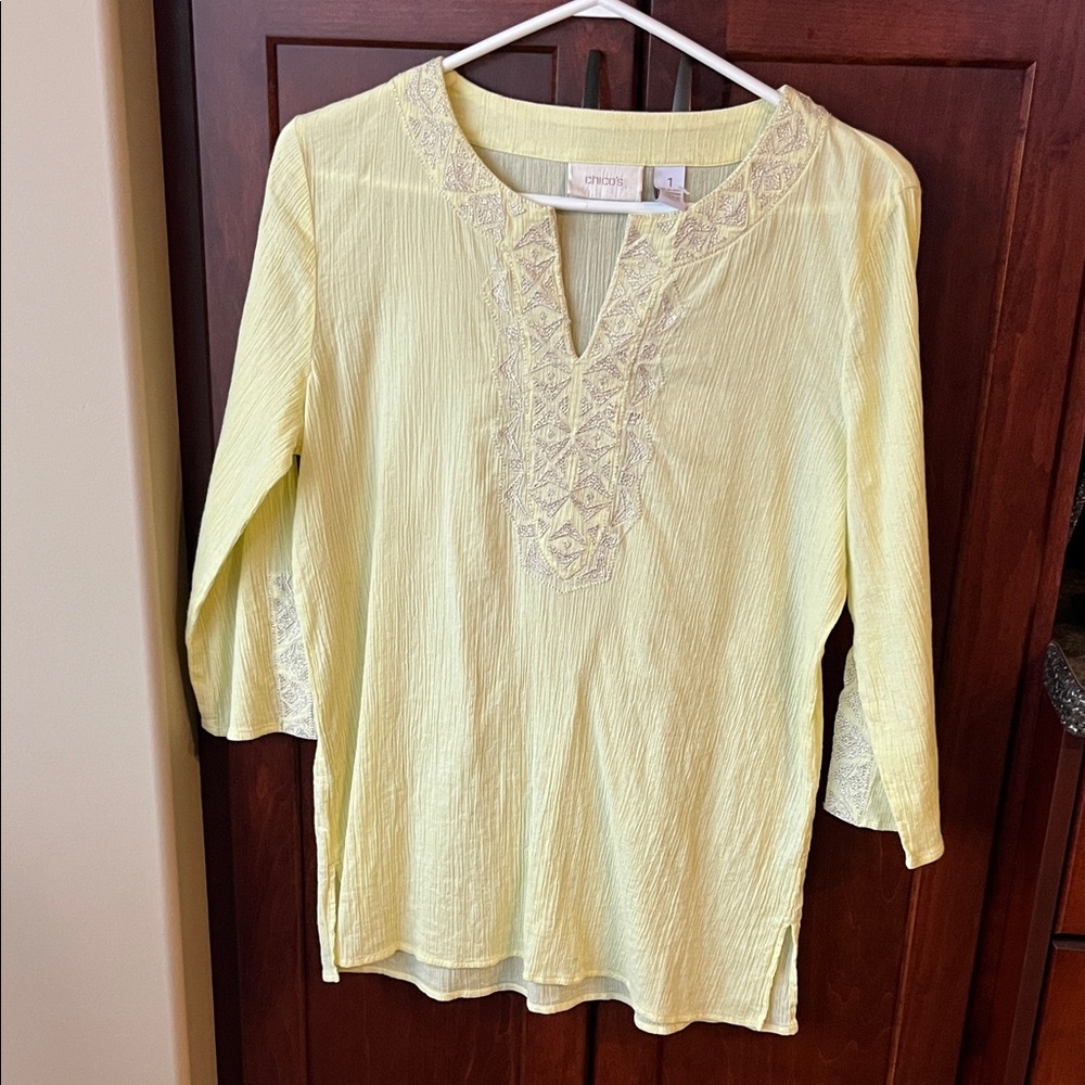 Chico's Light Yellow Cotton Embroidered Tunic Size S
